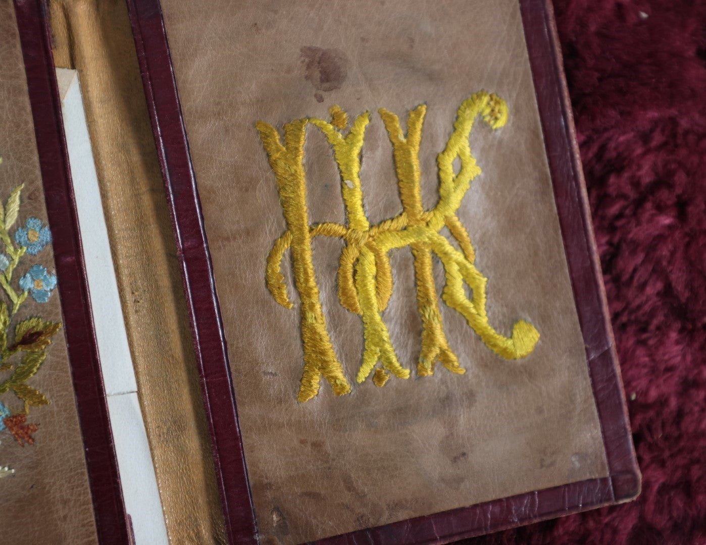 Lot 152 - Antique Hand Made Leather Billfold Wallet, Embroidered With Flowered And Monogrammed, Including Cdv Photo Of Woman, And Additional Folded Photo Of Woman'S Cabinet Card