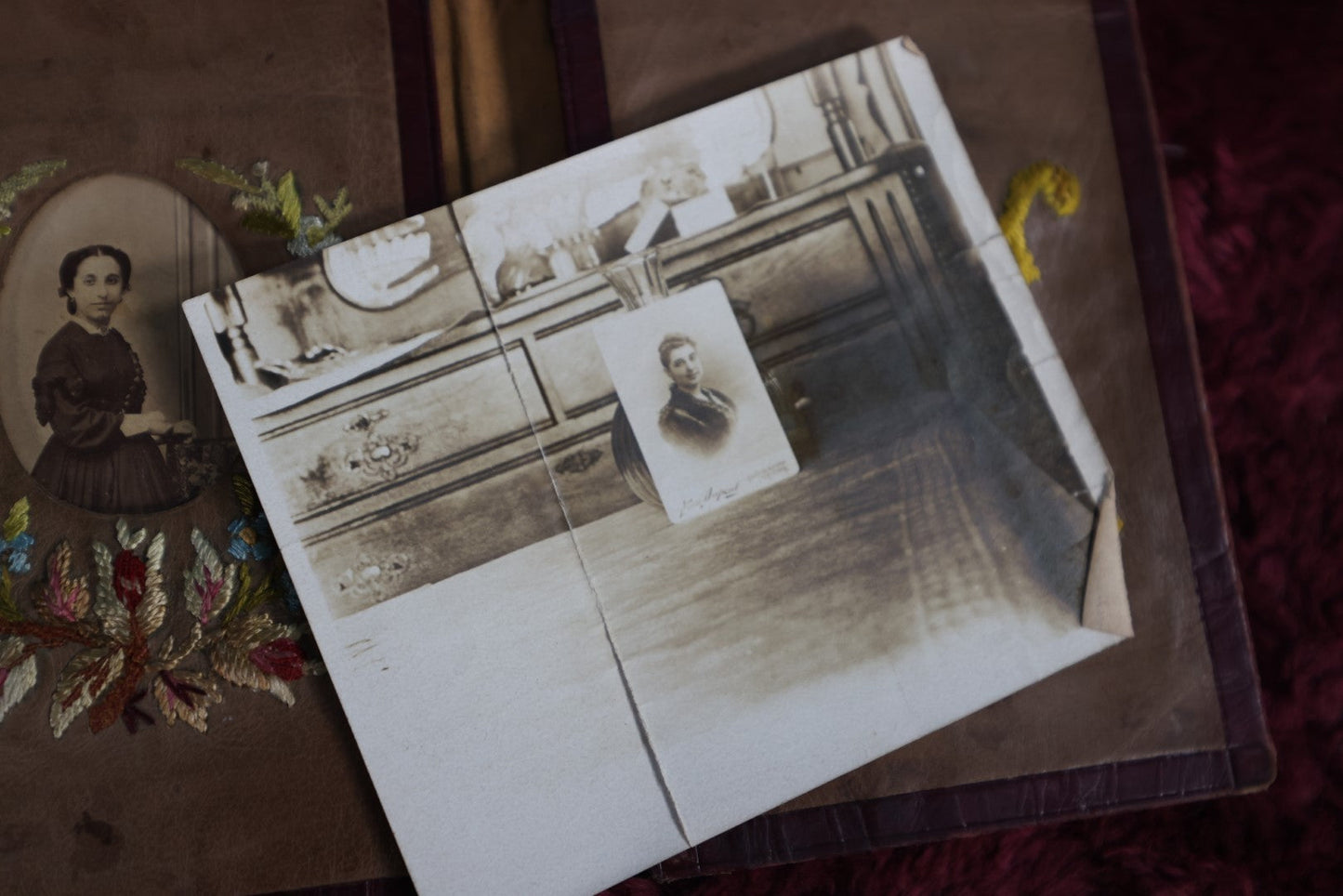 Lot 152 - Antique Hand Made Leather Billfold Wallet, Embroidered With Flowered And Monogrammed, Including Cdv Photo Of Woman, And Additional Folded Photo Of Woman'S Cabinet Card