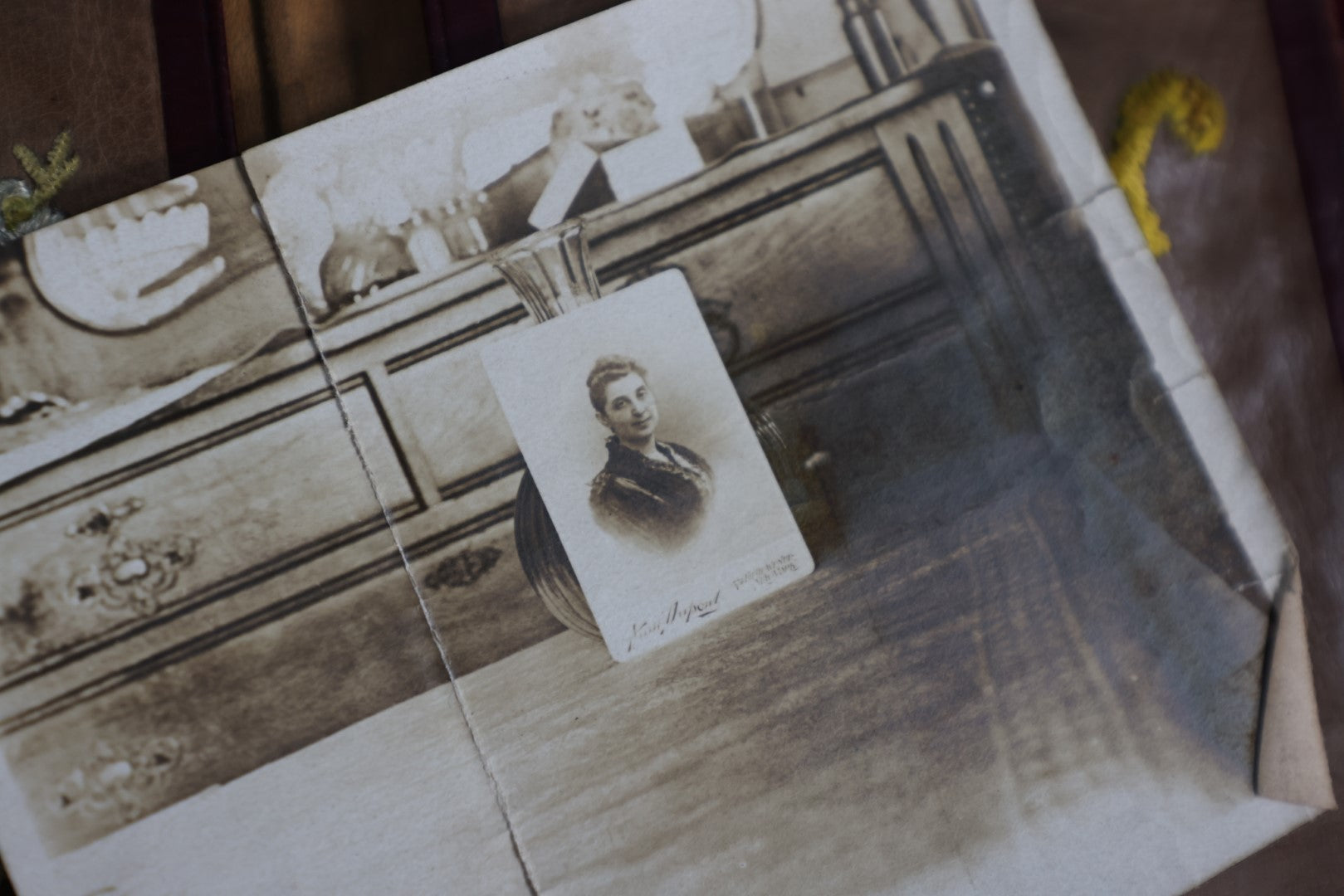 Lot 152 - Antique Hand Made Leather Billfold Wallet, Embroidered With Flowered And Monogrammed, Including Cdv Photo Of Woman, And Additional Folded Photo Of Woman'S Cabinet Card