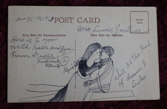 Lot 156 - Antique 1913 Postcard From A Secret Admirer With Hand Drawn Pen And Ink Drawing Of Man And Woman Kissing... Passionately, "This Is The Kind Of Dream I Like," Postcard From Bristol, N.H.