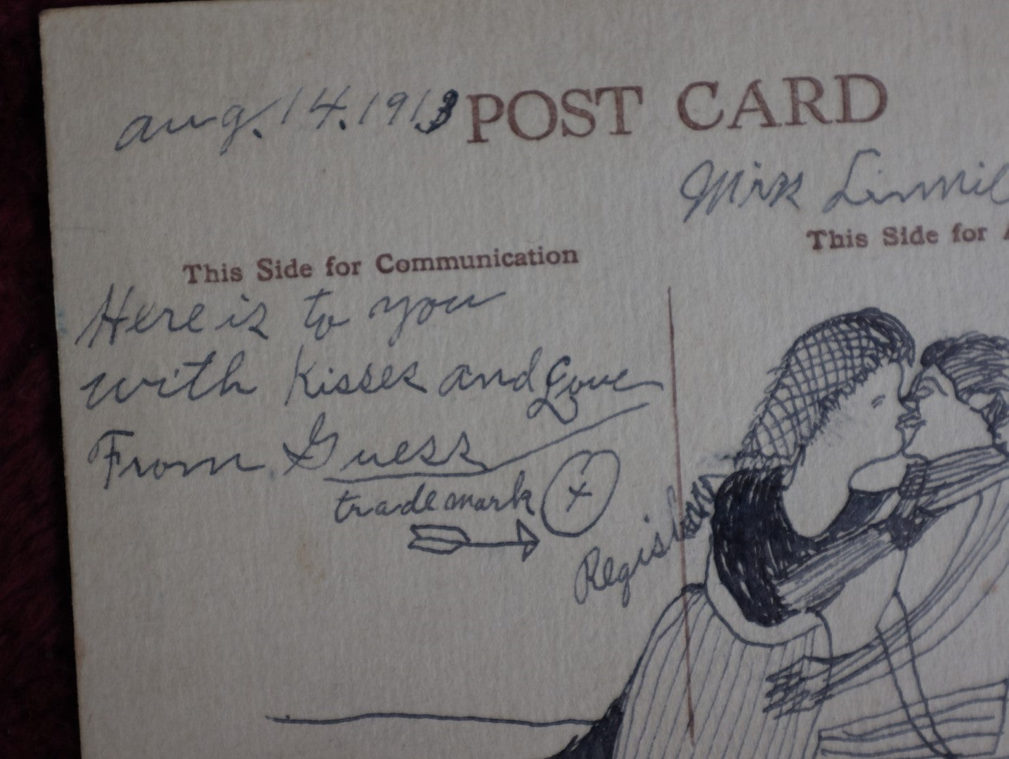 Lot 156 - Antique 1913 Postcard From A Secret Admirer With Hand Drawn Pen And Ink Drawing Of Man And Woman Kissing... Passionately, "This Is The Kind Of Dream I Like," Postcard From Bristol, N.H.