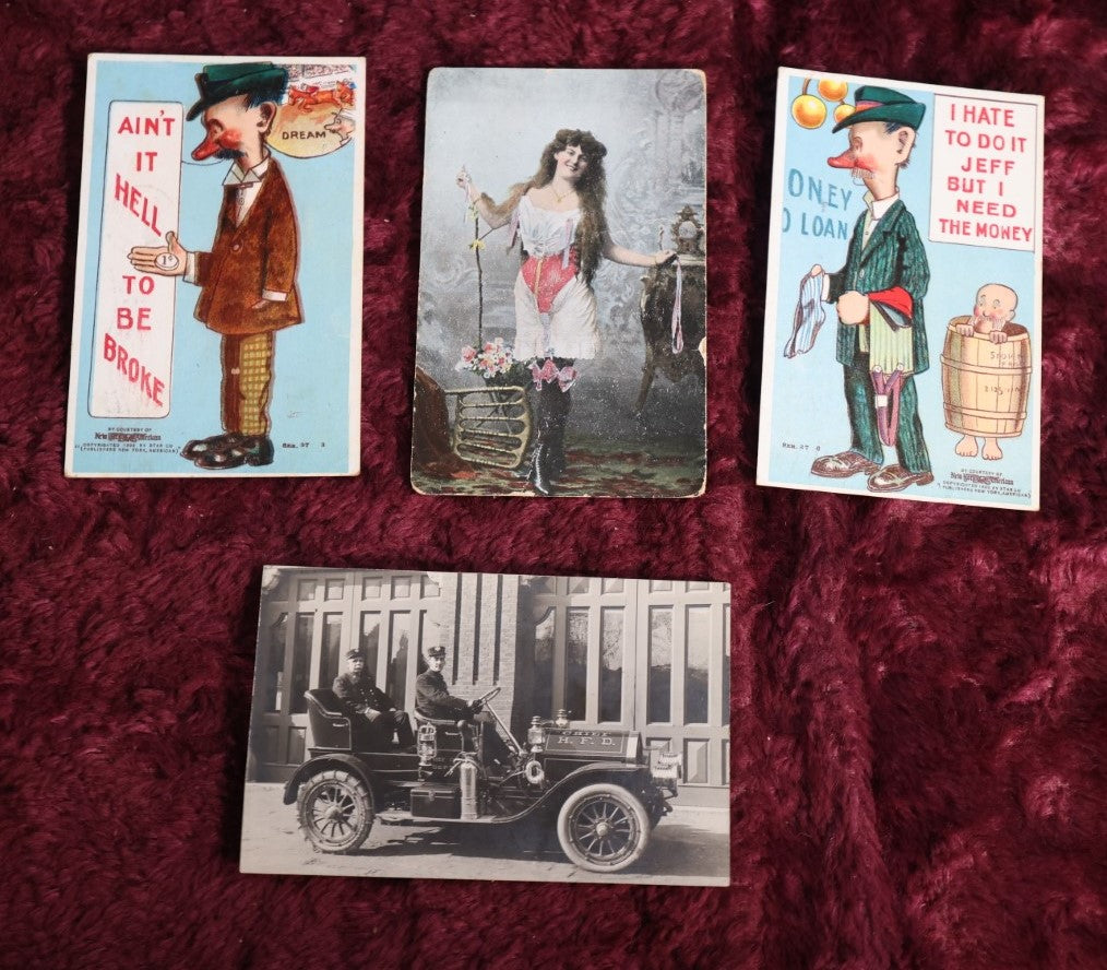 Lot 157 - Grouping Of Four Antique Novelty Postcards - Russian Woman, Two Poor Men, And Firefighters In Early Fire Engine, Circa 1910