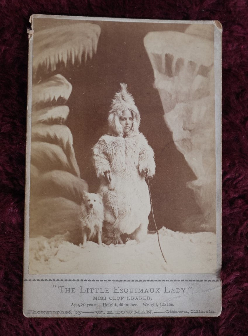 Lot 158 - Antique Cabinet Card Sideshow Photograph Of "The Little Esquimaux (Eskimo) Lady," Miss Olof Krarer, Inuit Performer, Little Person, Age 30 Years, Height 40 Inches, Photographed By W.E. Bowan, Ottawa, Illinois, Note Bend In Corner