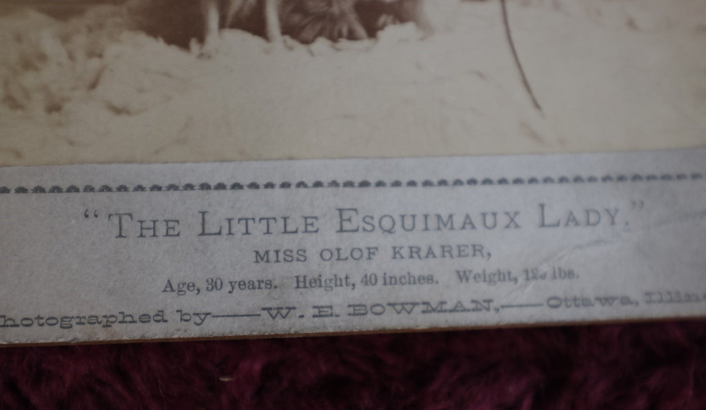 Lot 158 - Antique Cabinet Card Sideshow Photograph Of "The Little Esquimaux (Eskimo) Lady," Miss Olof Krarer, Inuit Performer, Little Person, Age 30 Years, Height 40 Inches, Photographed By W.E. Bowan, Ottawa, Illinois, Note Bend In Corner