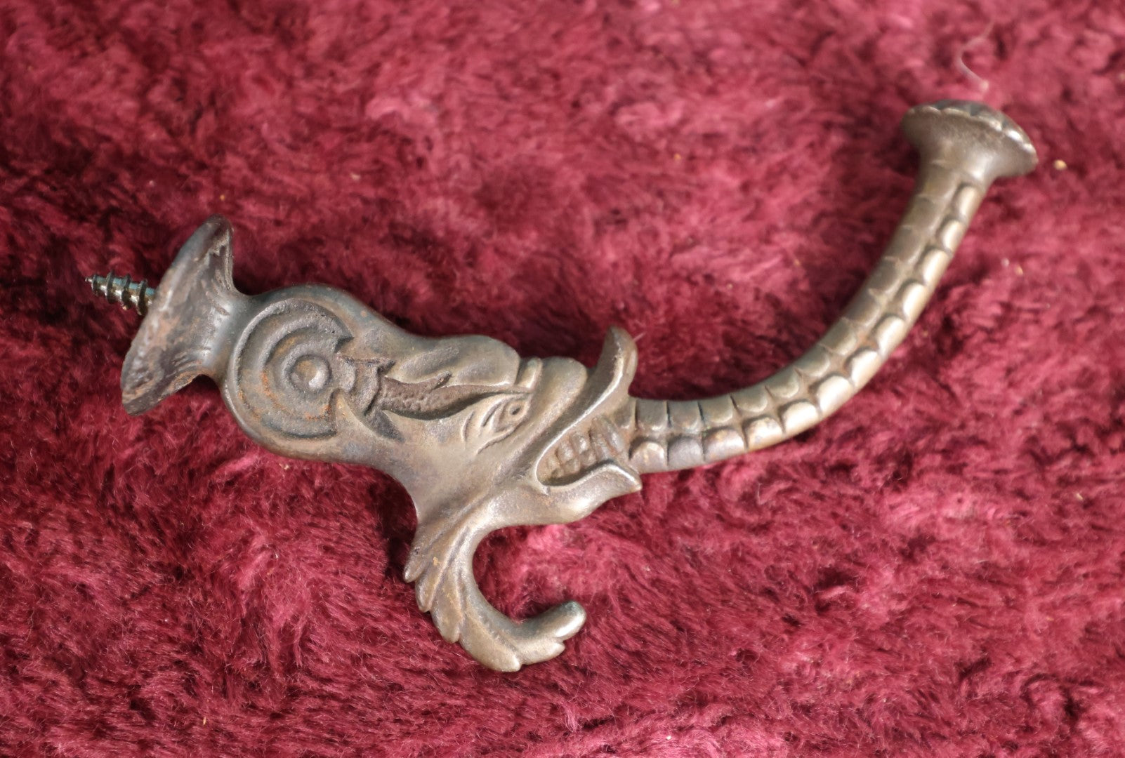 Lot 014 - Antique Cast Metal Hook With Screw, Wolf Or Dolphin Motif, Single