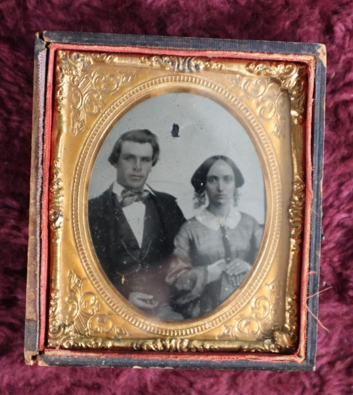 Lot 162 - 1/9Th Plate Tintype Of Couple In Half Leatherette Case, Woman Holding Book