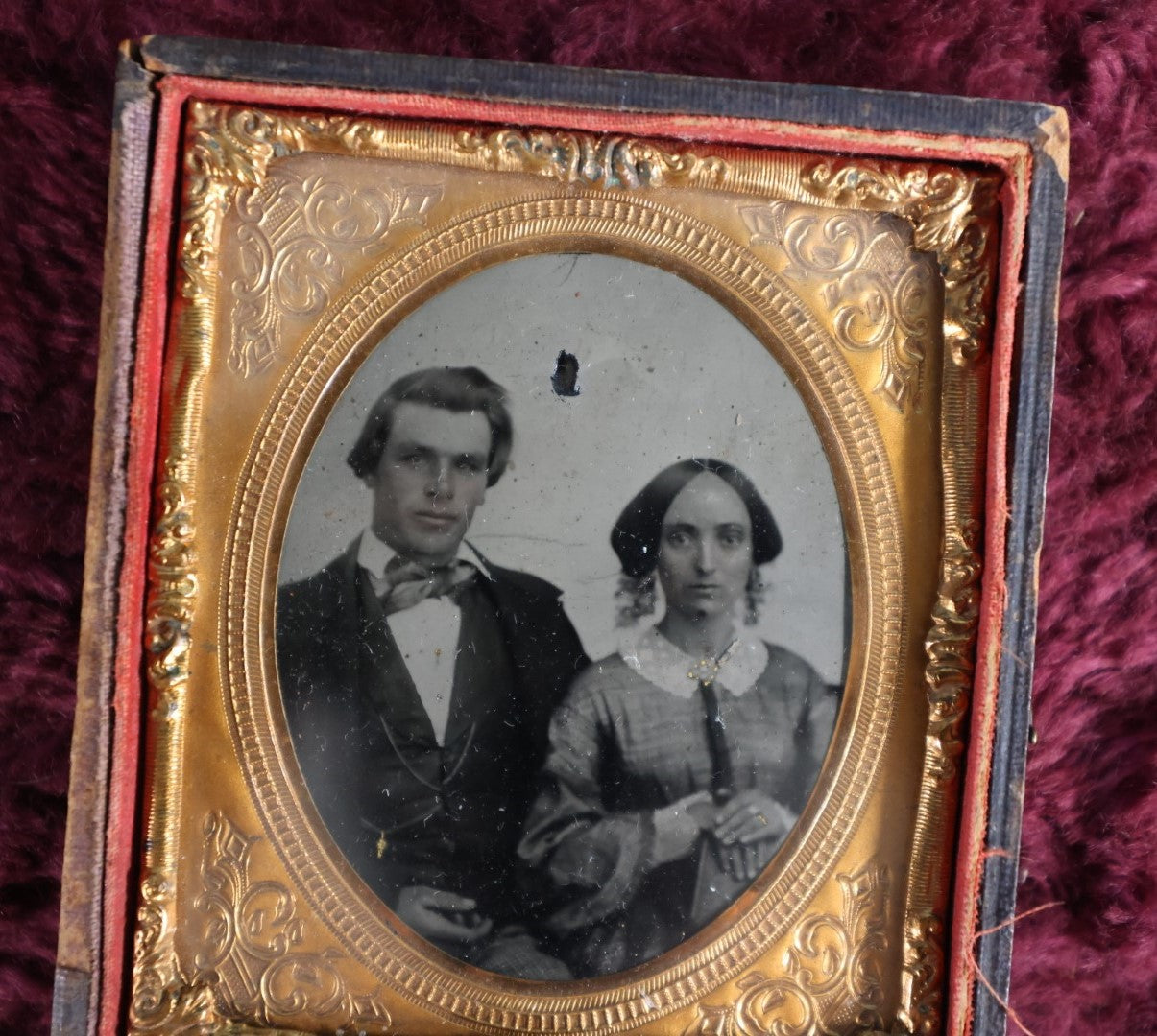 Lot 162 - 1/9Th Plate Tintype Of Couple In Half Leatherette Case, Woman Holding Book