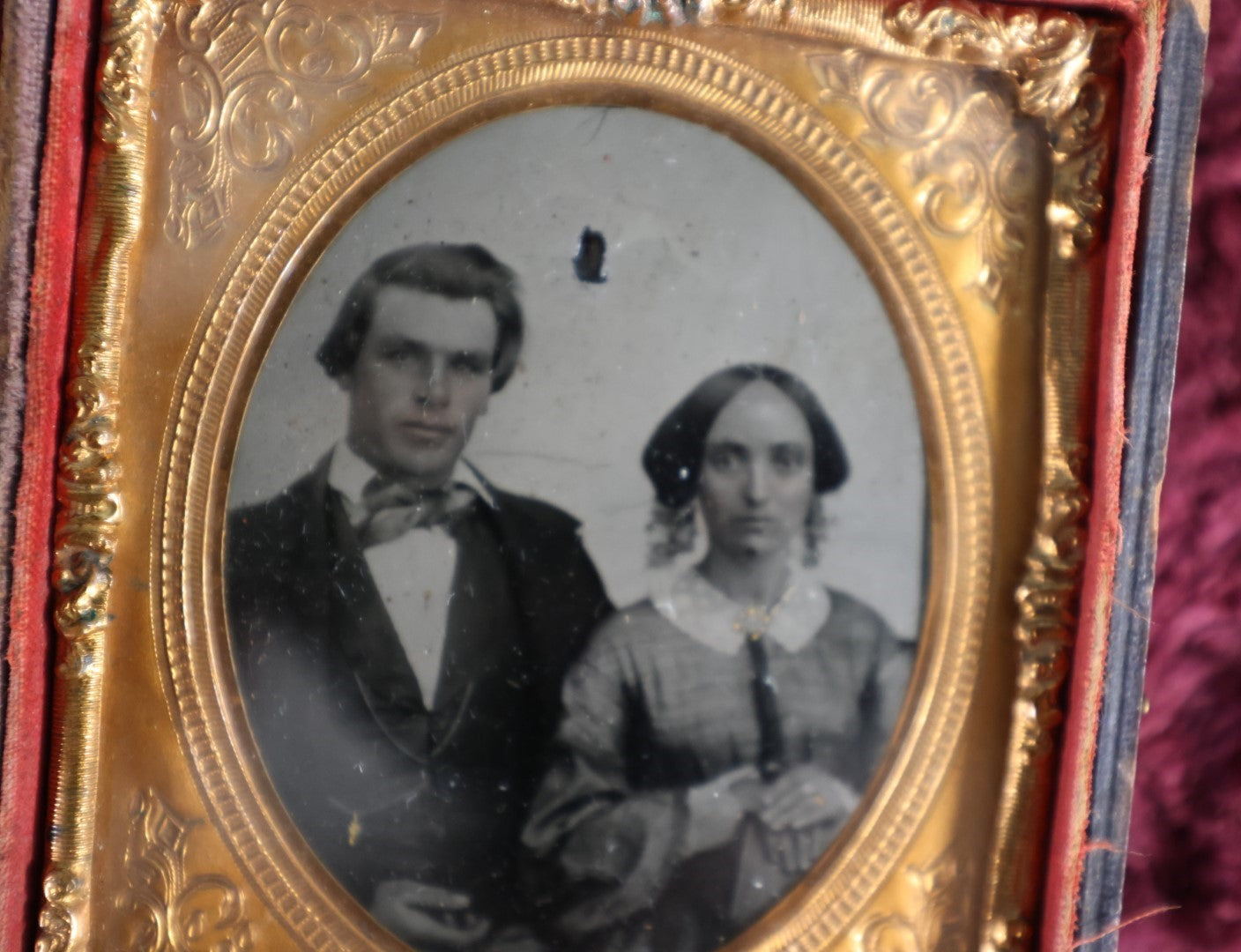 Lot 162 - 1/9Th Plate Tintype Of Couple In Half Leatherette Case, Woman Holding Book