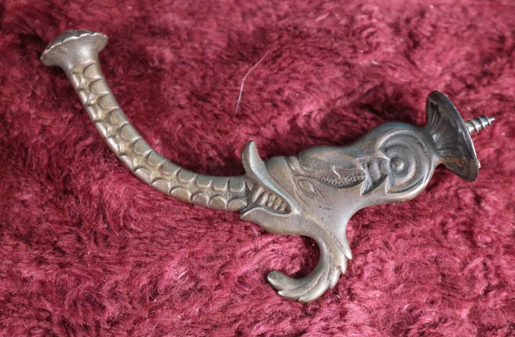 Lot 014 - Antique Cast Metal Hook With Screw, Wolf Or Dolphin Motif, Single