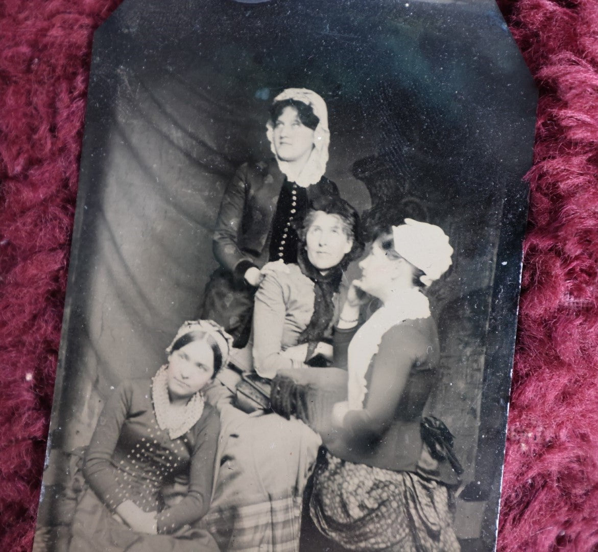 Lot 164 - Tintype Of Four Well Dressed Ladies With Hats And Head Scarfs, Nicely Posed, Looking Off To The Side