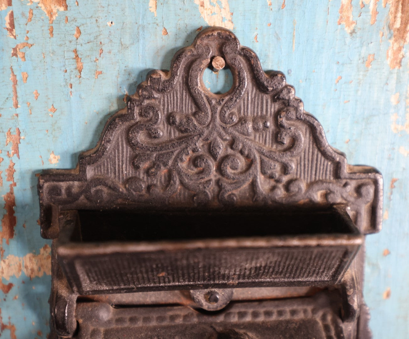 Lot 015 - Antique Venus And Cupid Cast Iron Match Box With Hinged Lid, Match Strike, Marked V.M. Co.