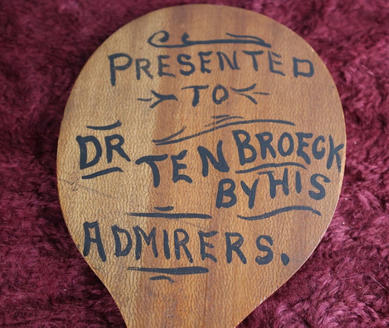 Lot 023 - Antique Folk Art Painted Table Tennis Paddle, "Presented To Dr. Tenbroeck By His Admirers," Found In Swanzey, N.H. 