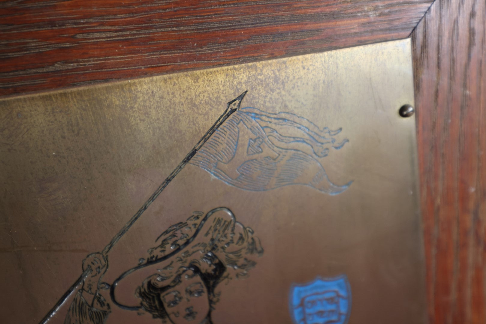 Lot 030 - Antique Copper Plaque With Gibson Girl, Yale Flag, Hebrew Shield, By The Wharff-Eaton Company, Sold By E.L. Glouskin, Diamonds, Watches, And Jewelry, New Haven, Connecticut