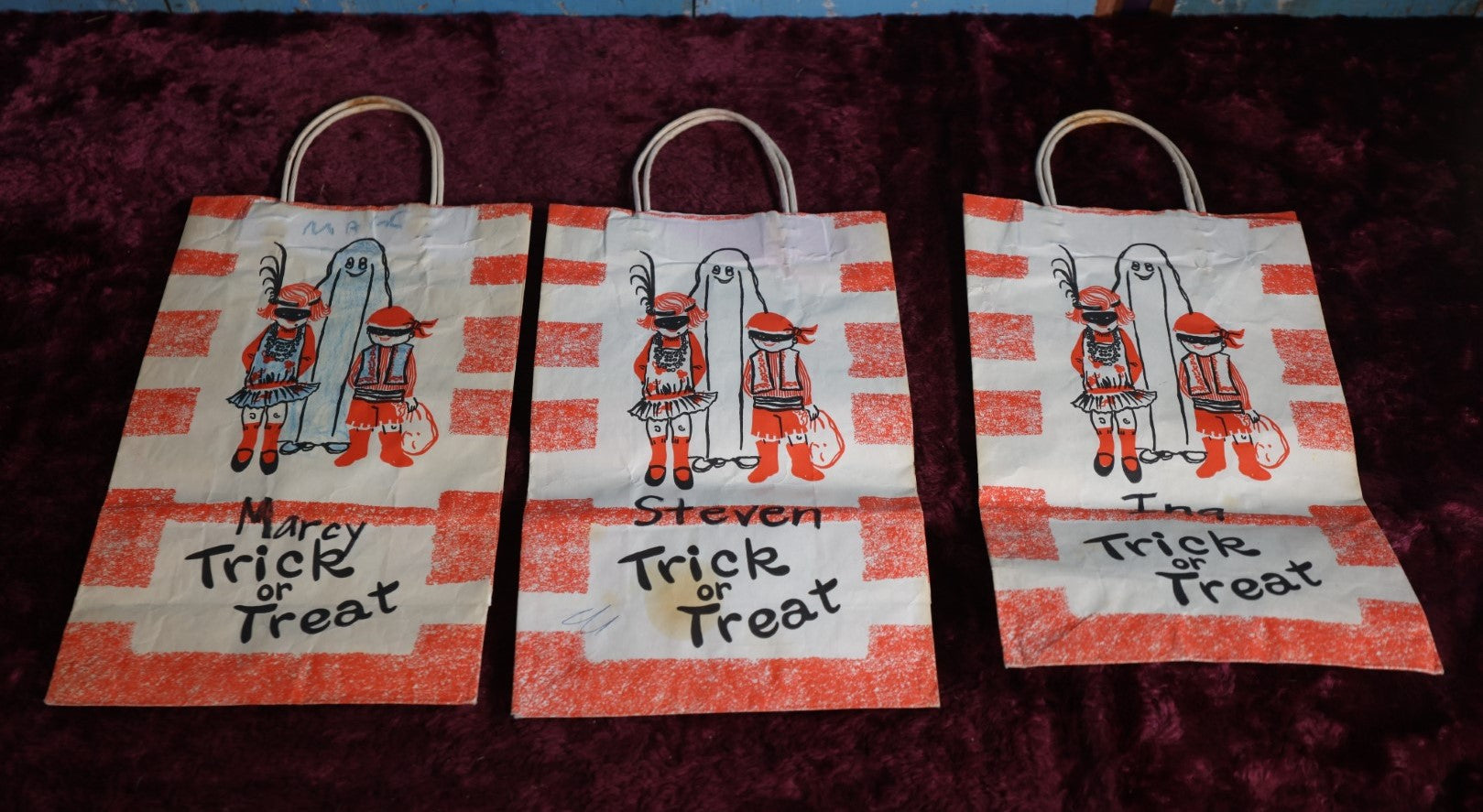 Lot 055 - Grouping Of Three Vintage Halloween Trick Or Treat Bags By Duro, Various Markings And Wear, Sold As Lot