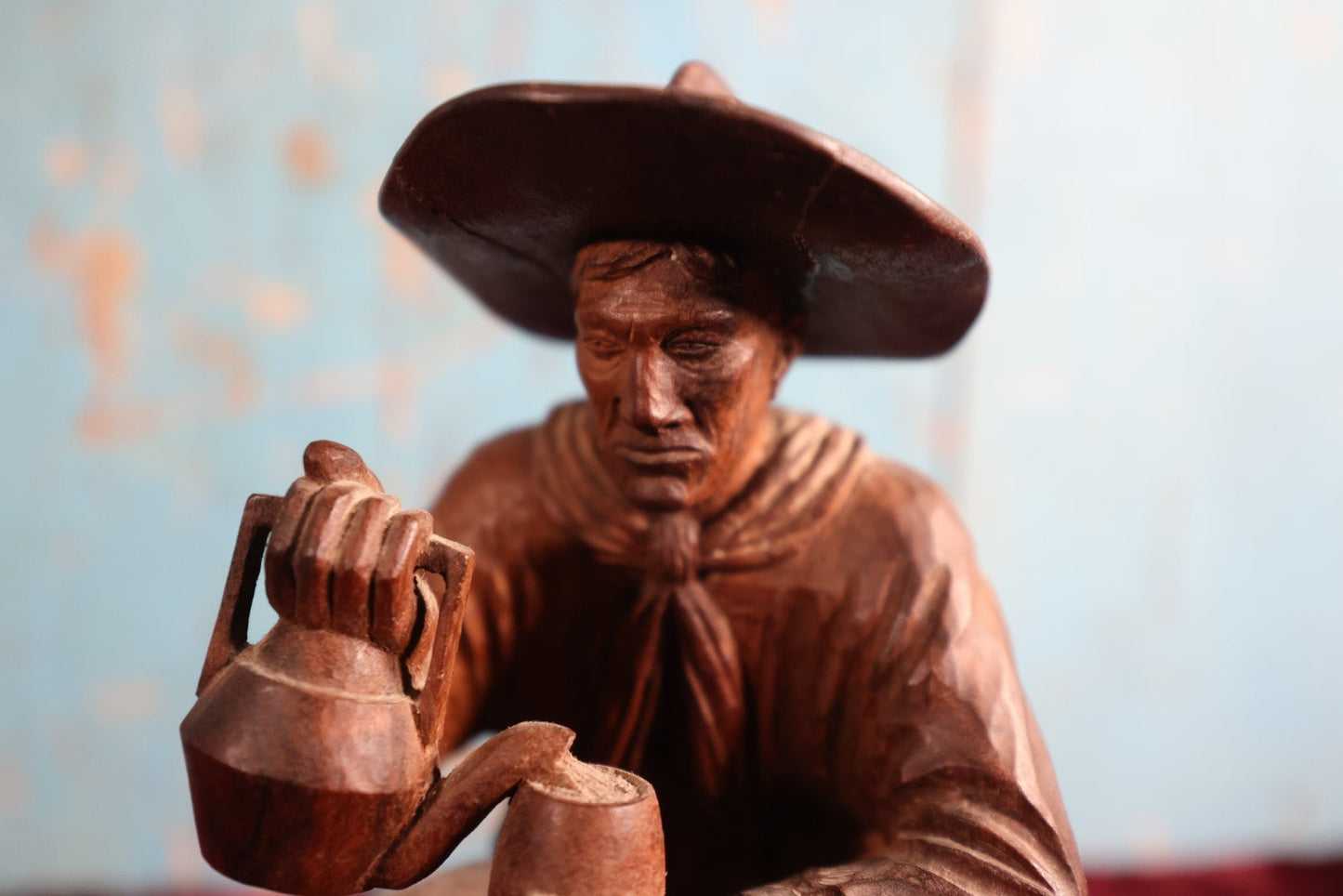 Lot 063 - Folk Art Carved Wooden Cowboy Statue, Pouring Tea Or Coffee, Artist Signed, W. Weiss.