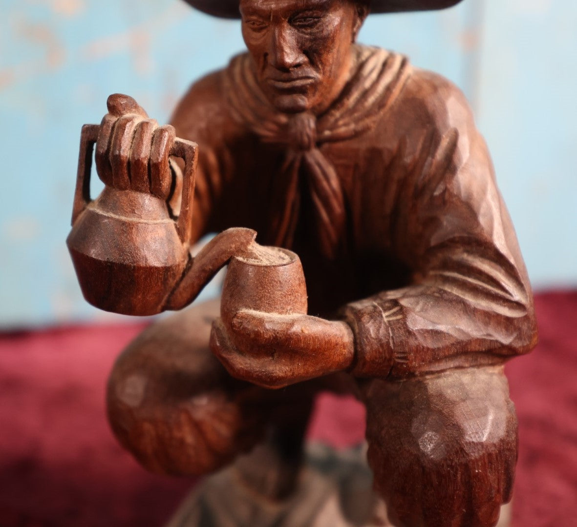 Lot 063 - Folk Art Carved Wooden Cowboy Statue, Pouring Tea Or Coffee, Artist Signed, W. Weiss.