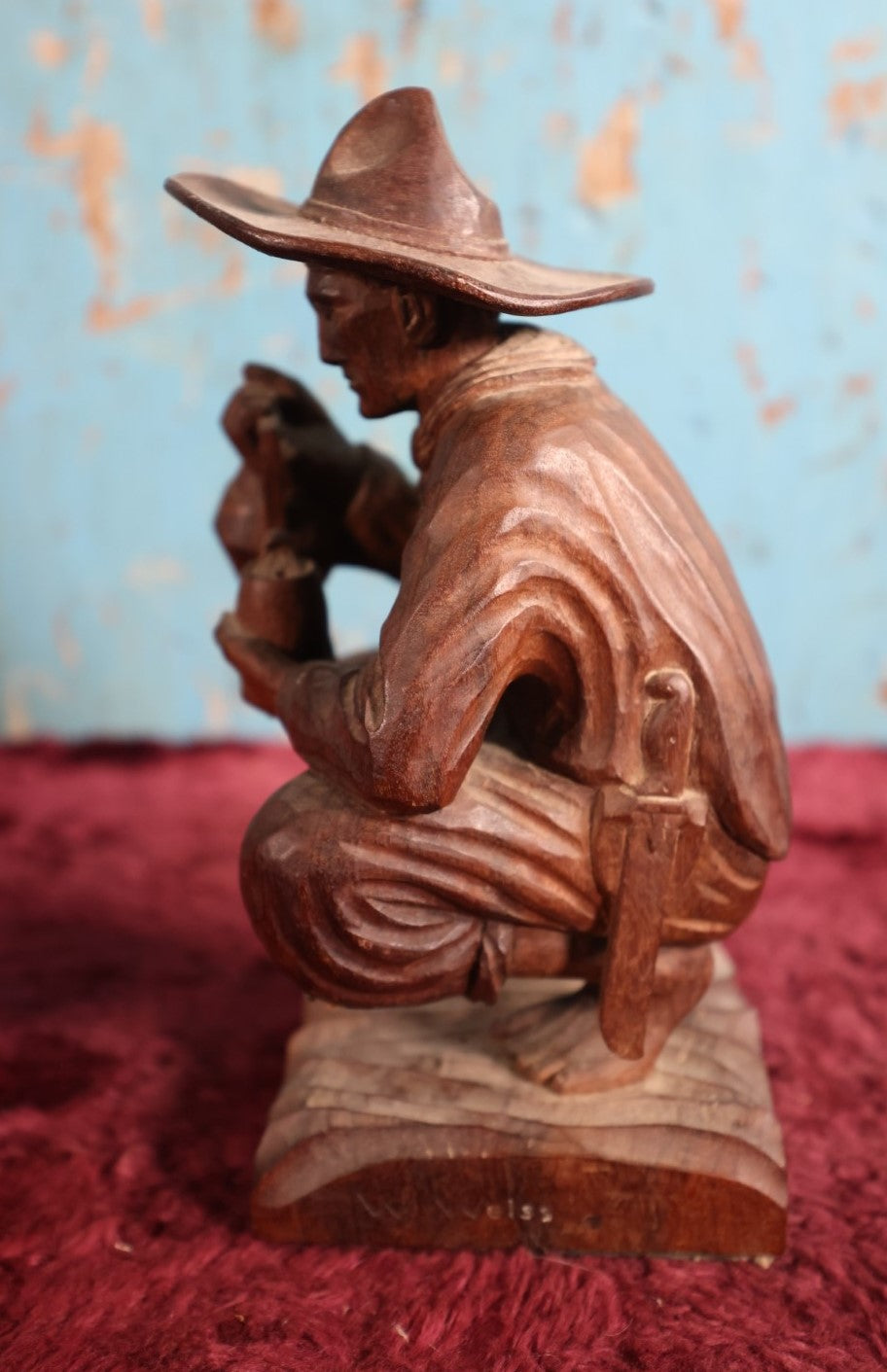 Lot 063 - Folk Art Carved Wooden Cowboy Statue, Pouring Tea Or Coffee, Artist Signed, W. Weiss.