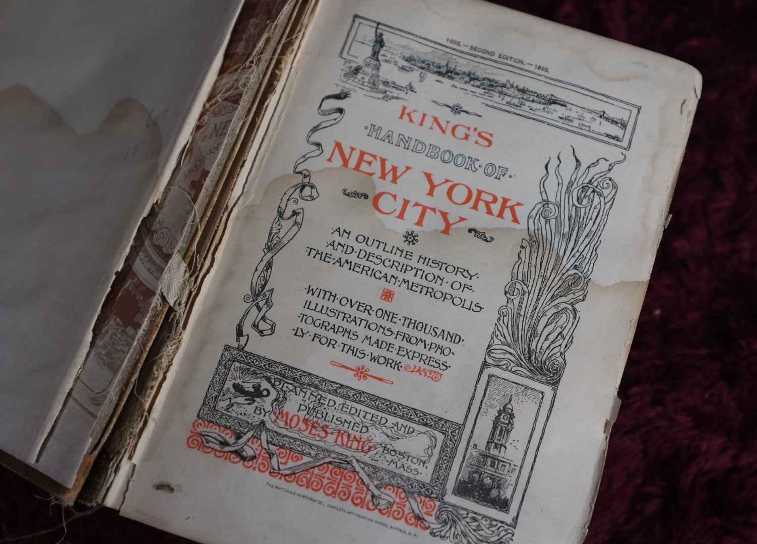 Lot 066 - King'S Handbook Of New York City, Antique Book, Edited And Published By Moses King, Second Edition, Water Damage, Poor Condition