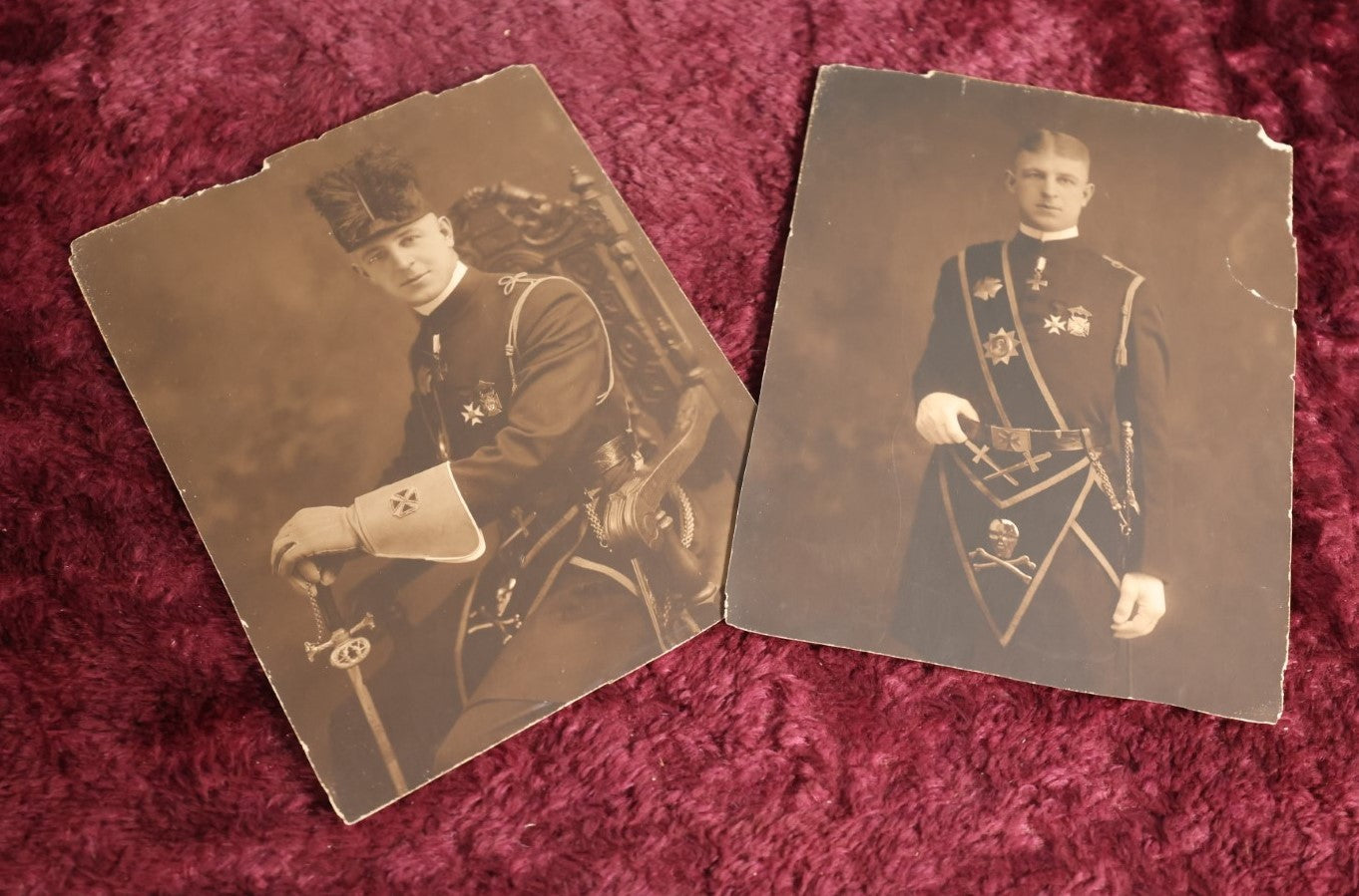 Lot 073 - Pair Of Antique 8 X 10 Photos Of Knights Templar Or Free Masons Fraternity Members, Skull And Crossbones Aprons, Other Regalia