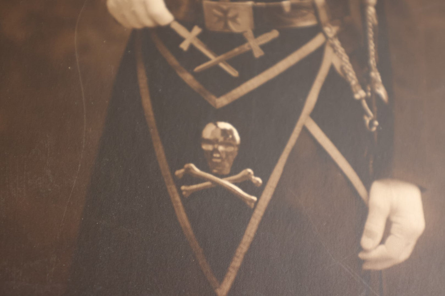 Lot 073 - Pair Of Antique 8 X 10 Photos Of Knights Templar Or Free Masons Fraternity Members, Skull And Crossbones Aprons, Other Regalia