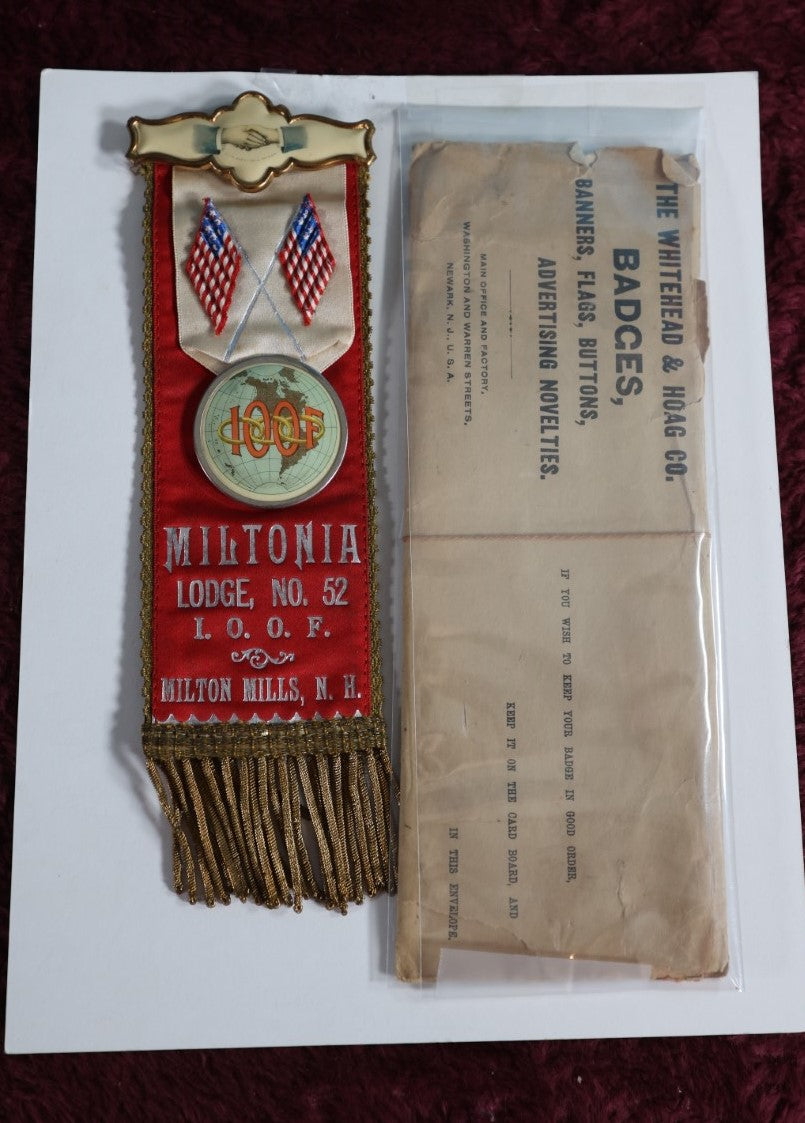 Lot 079 - Antique I.O.O.F. Odd Fellows Miltonia Lodge No. 52 Milton Mills, N.H. Ribbon Badhe With Envelope, Whitehead And Hoag Co.