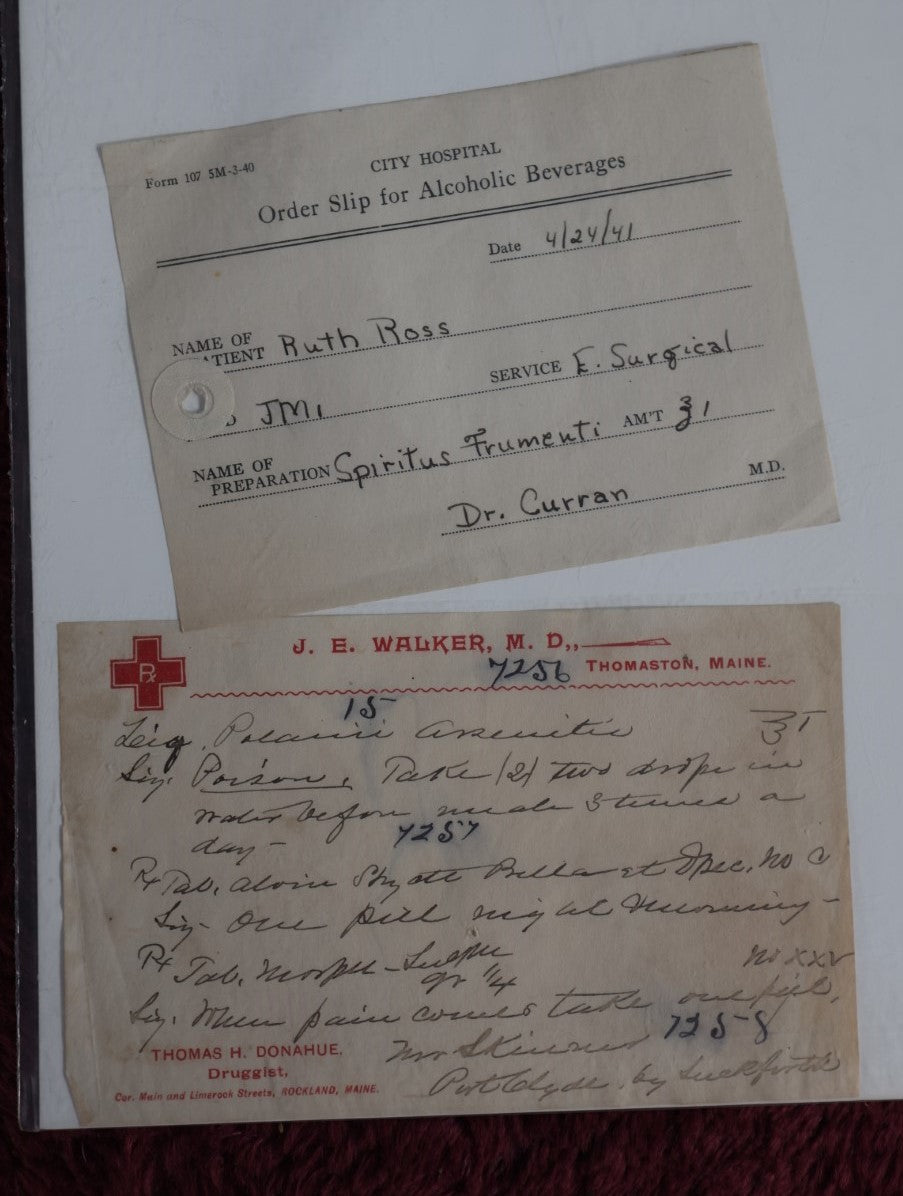 Lot 080 - Pair Of Antique Prescriptions - City Hospital Order Slip For Alcohol, 1941, And J.E. Walker M.D. Thomaston, Maine Script For Poison