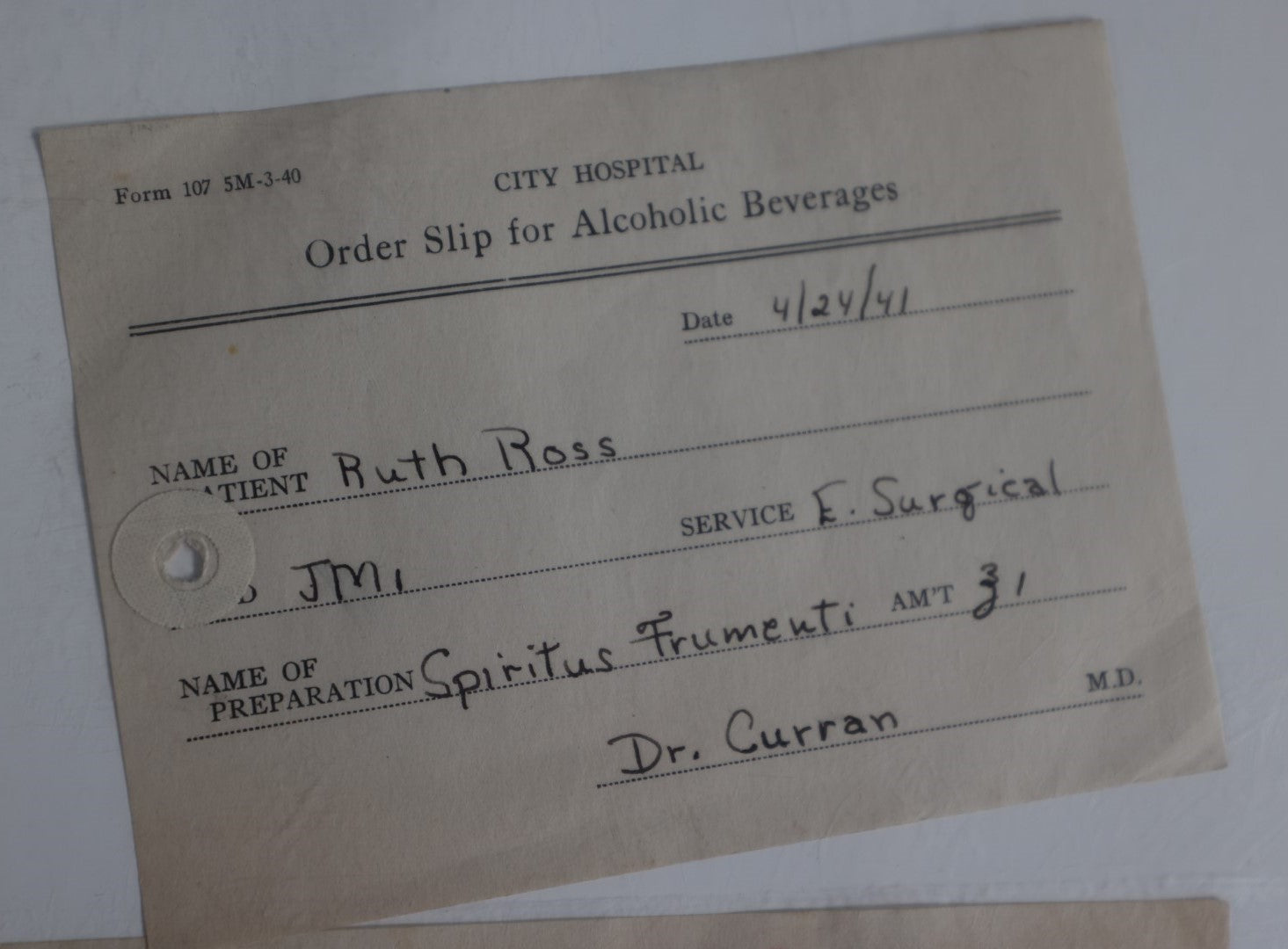 Lot 080 - Pair Of Antique Prescriptions - City Hospital Order Slip For Alcohol, 1941, And J.E. Walker M.D. Thomaston, Maine Script For Poison