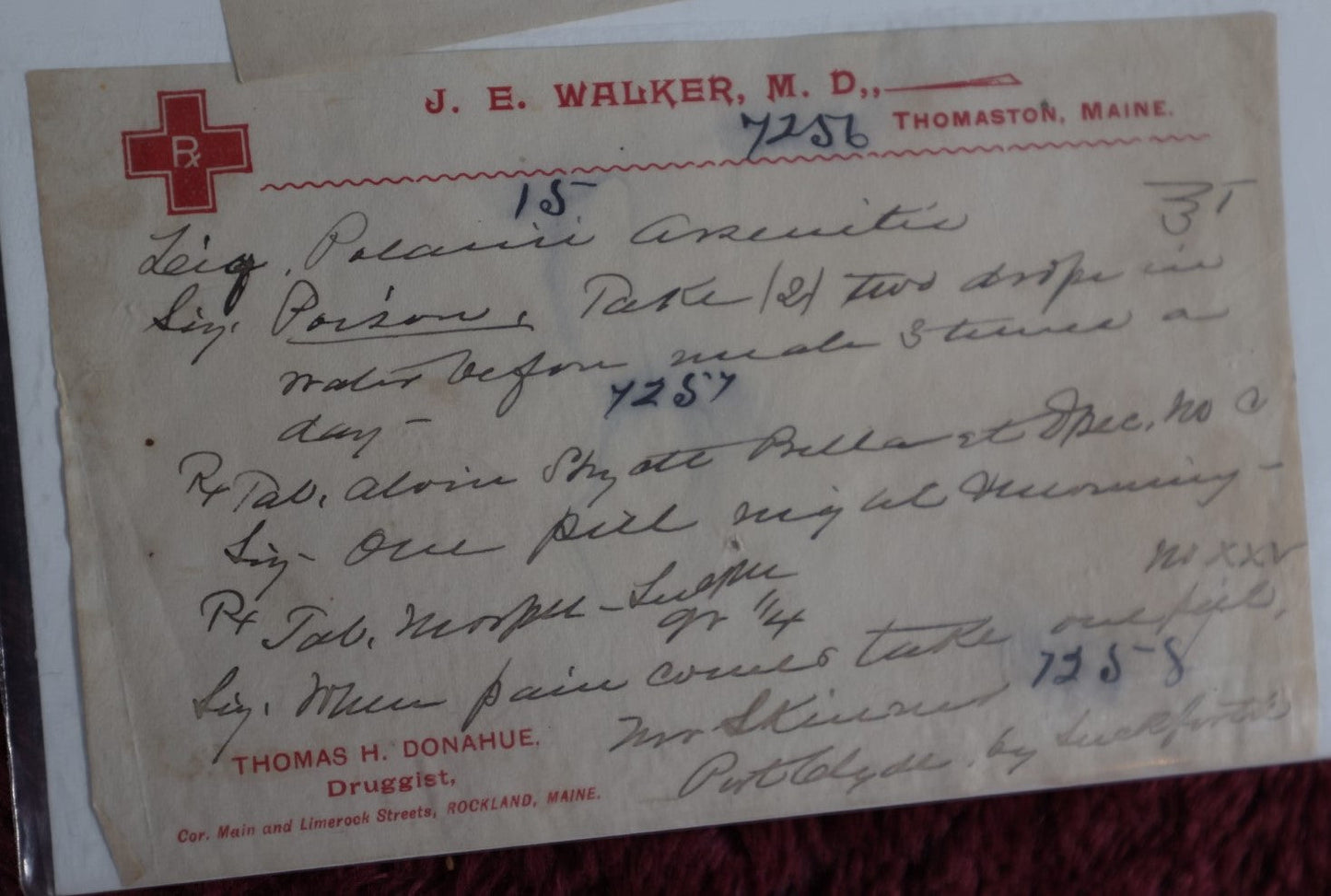 Lot 080 - Pair Of Antique Prescriptions - City Hospital Order Slip For Alcohol, 1941, And J.E. Walker M.D. Thomaston, Maine Script For Poison