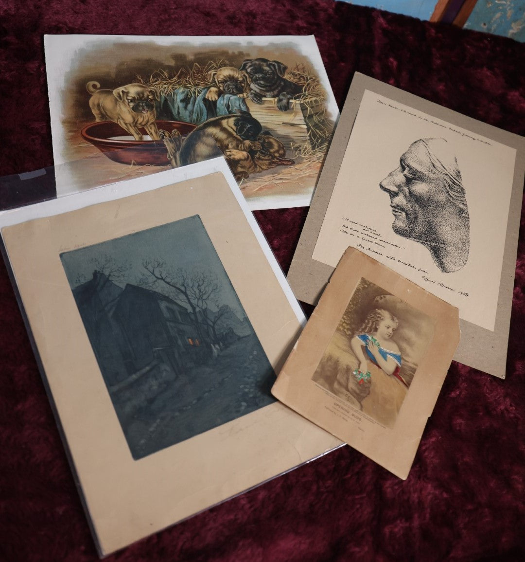 Lot 082 - Four Piece Art Grouping - Pug Lithograph Entitled "War," Opening Buds Illustration Of Little Girl, House Print, And Print Of Life Mask Of John Keats