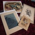 Lot 082 - Four Piece Art Grouping - Pug Lithograph Entitled "War," Opening Buds Illustration Of Little Girl, House Print, And Print Of Life Mask Of John Keats