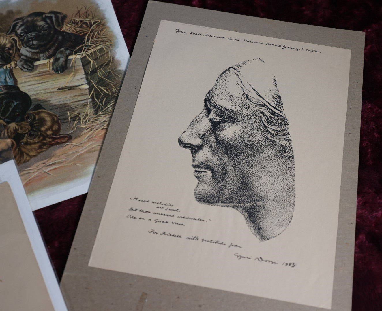 Lot 082 - Four Piece Art Grouping - Pug Lithograph Entitled "War," Opening Buds Illustration Of Little Girl, House Print, And Print Of Life Mask Of John Keats