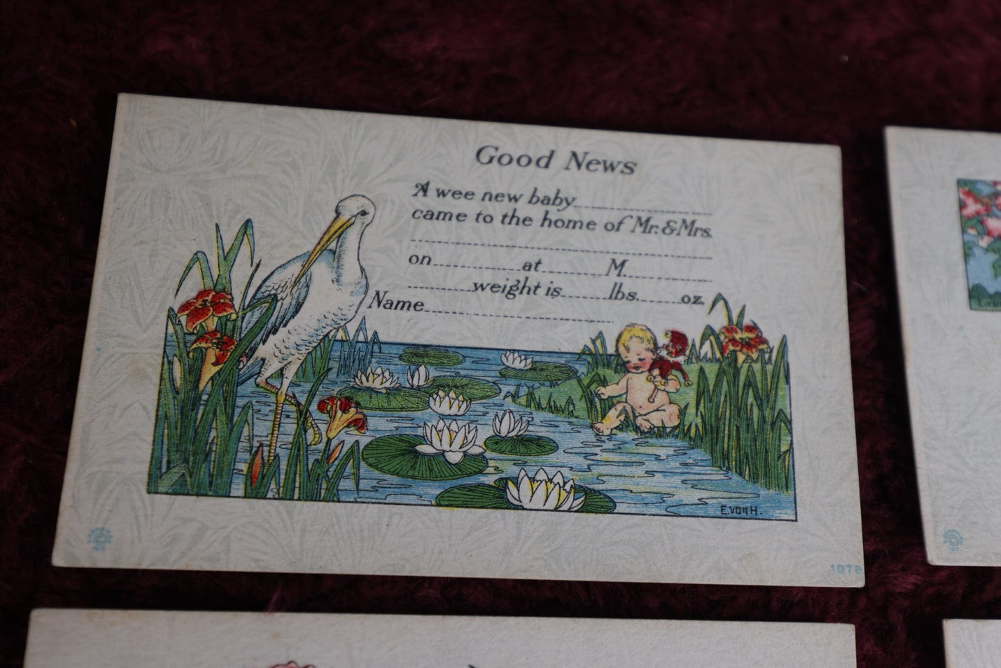 Lot 095 - Grouping Of Eleven Birth Announcement Cards, Illustrated By E. Von H., Dated 1917