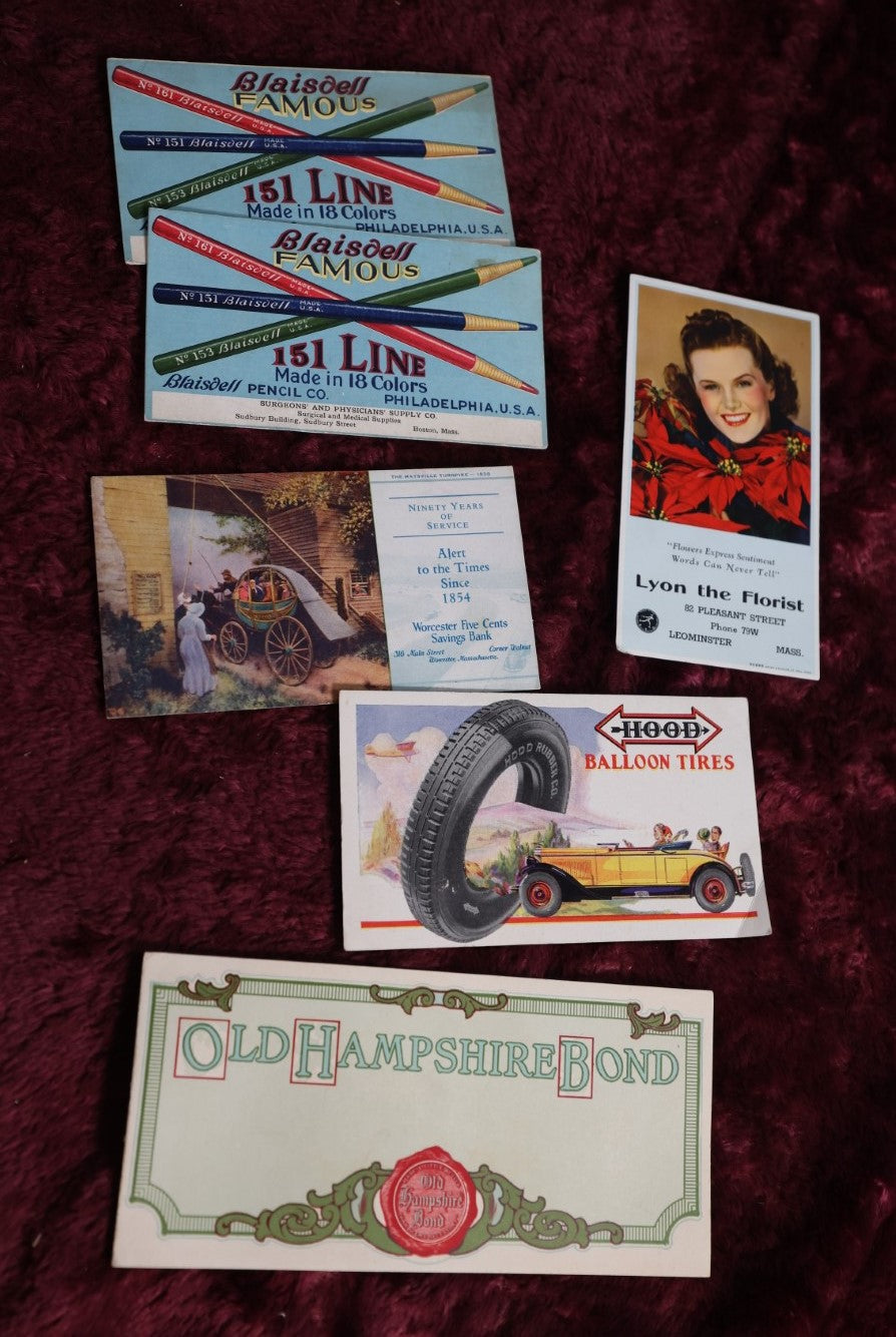 Lot 105 - Grouping Of Six Vintage Blotter Ephemera Cards - Blaisdell Famous Pencils, Hood Balloon Tires, Old Hampshire Bond, Lyon The Florist, Leaominster, Ma