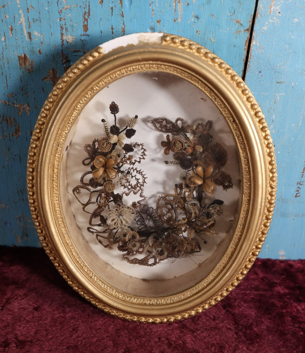 Lot 108 - Victorian Hair Wreath Shadow Box From Identified Individuals, Polly Calif, Susan Calif, Ann Calif, Rosanna Rolfe - Made By A.J. Simpson & Co. Picture Frames, Lowell, Massachusetts