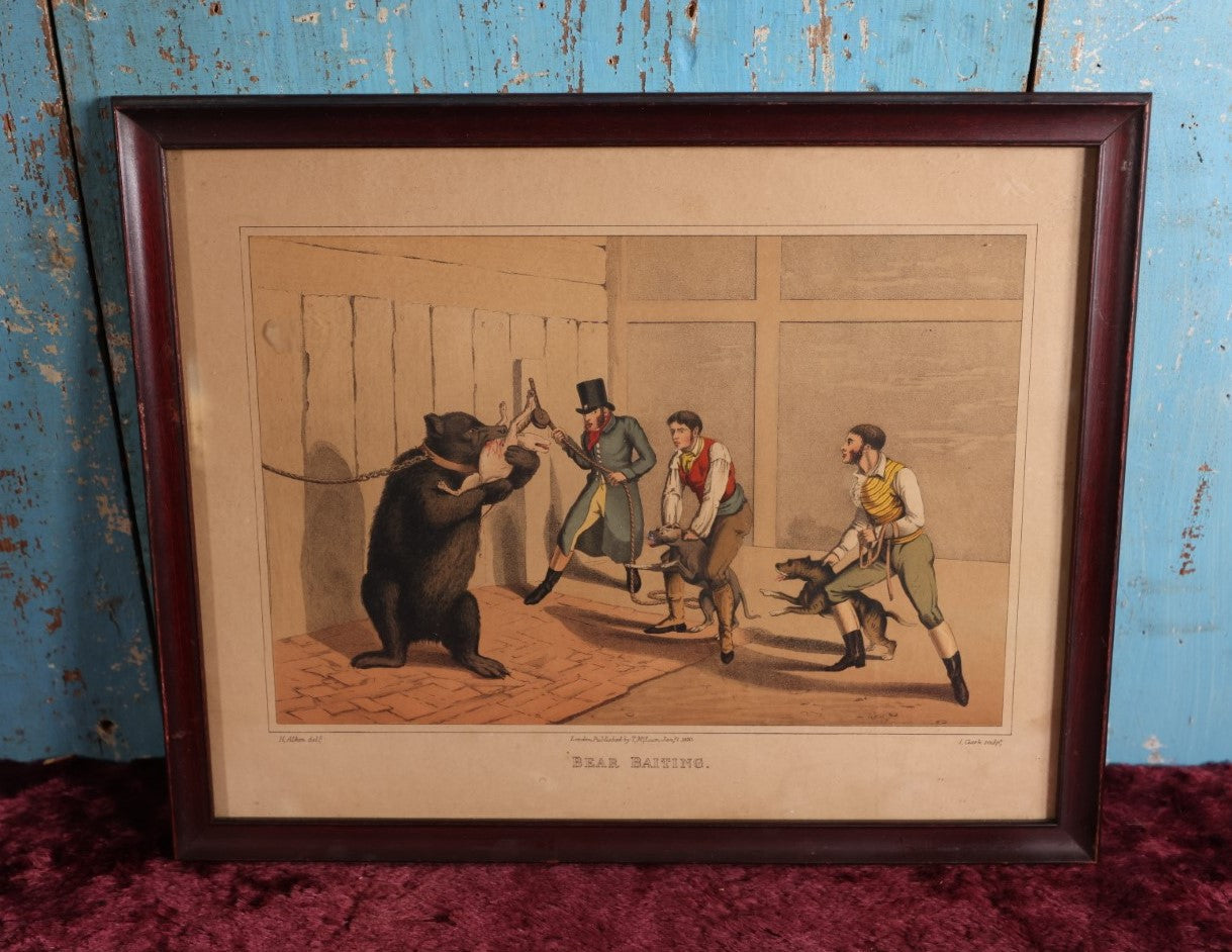 Lot 110 - Antique Lithograph "Bear Baiting," Men Feeding Dogs To Bear, Published In London By T. Mclean, January 1, 1820, H. Alken, I. Clark, Reframed