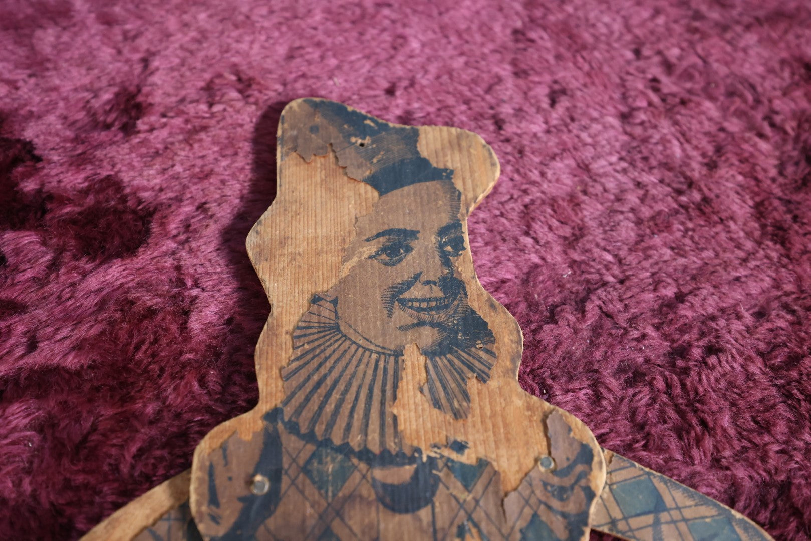 Lot 118 - Antique Jointed Wooden Clown Toy, Paper On Wood, Losses To Paper