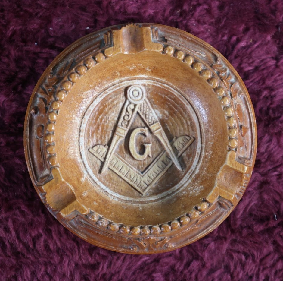 Lot 125 - Vintage Masonic Symbol Ashtray With Compass And Square, Genuine Burwood Manufactured By Burwood Products Company, Traverse City Michigan, Like Syroco