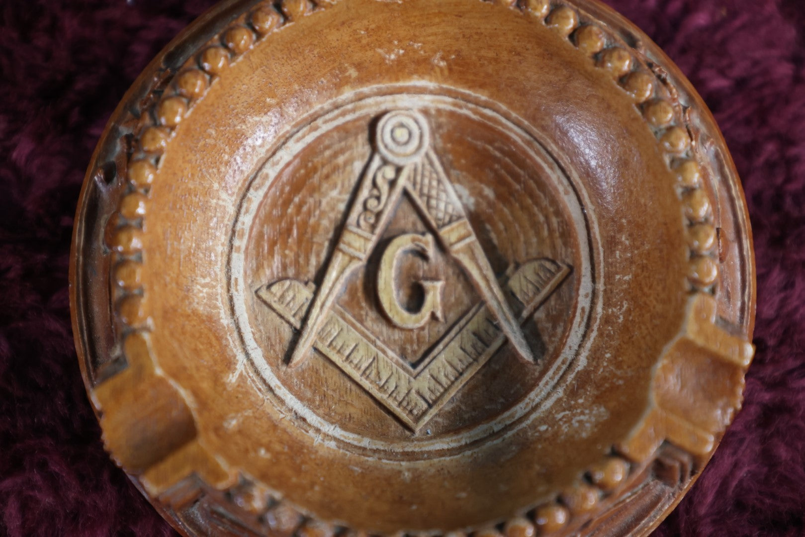 Lot 125 - Vintage Masonic Symbol Ashtray With Compass And Square, Genuine Burwood Manufactured By Burwood Products Company, Traverse City Michigan, Like Syroco