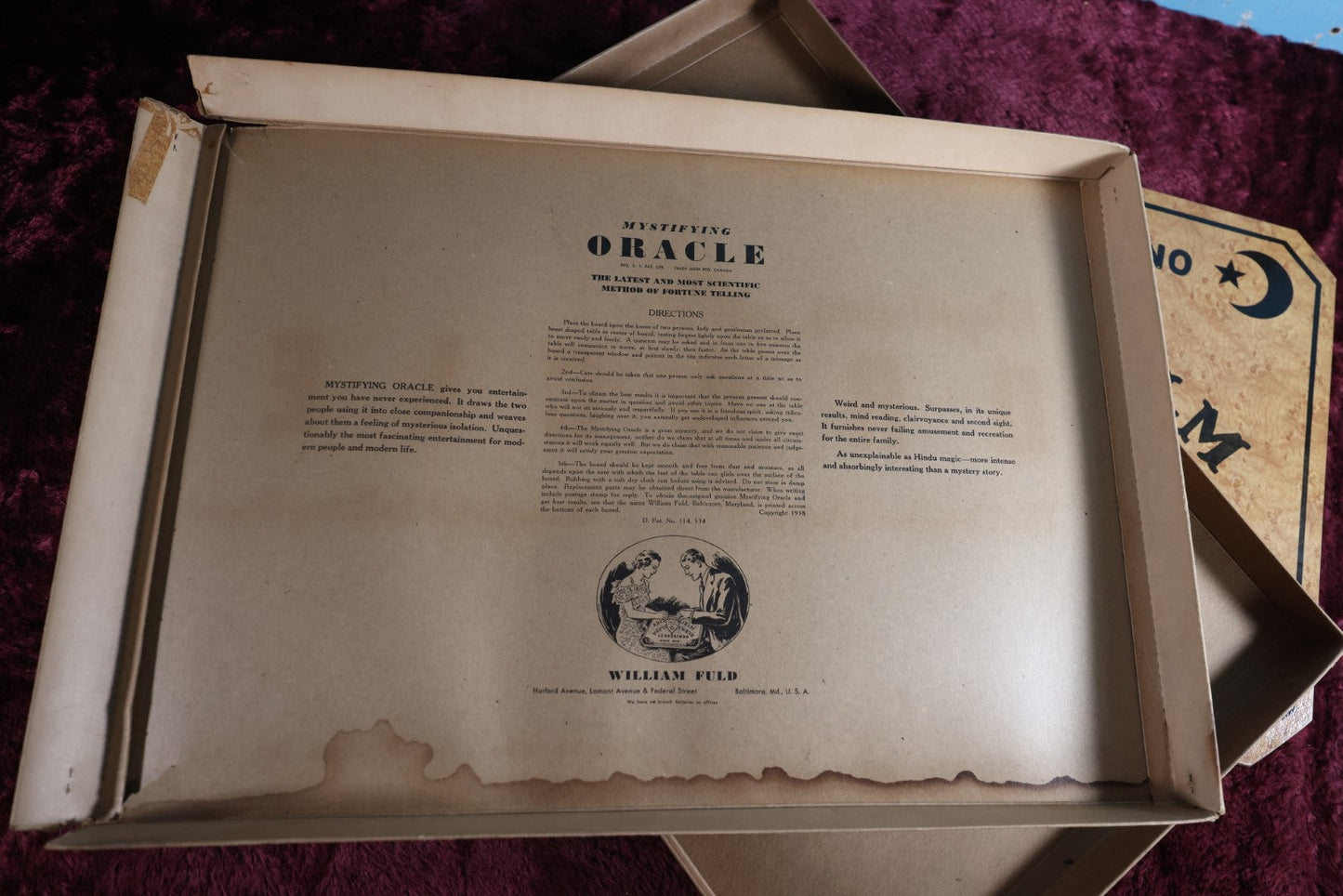 Lot 001 - William Fuld "Mystifying Oracle" Ouija Board With Box And Original Planchette, Patent No. 114,534, Circa 1939