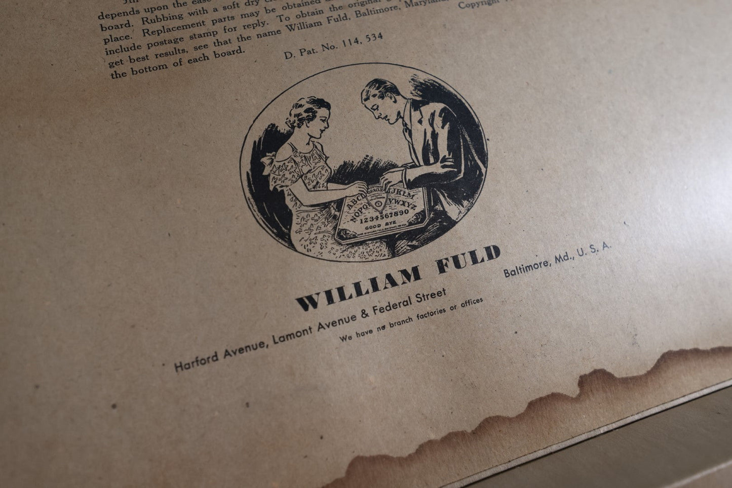 Lot 001 - William Fuld "Mystifying Oracle" Ouija Board With Box And Original Planchette, Patent No. 114,534, Circa 1939