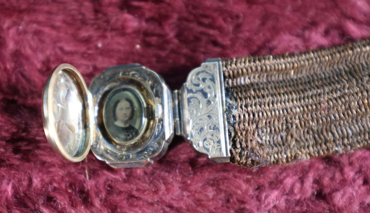 Lot 002 - Victorian Hair Bracelet With Photograph Of Young Girl In Locket, Engraved Memento Keepsake Gift, "Amyrillis Mathewson From Her Pupil Sarah B. Smith, March 2Nd, 1963," Note Glue