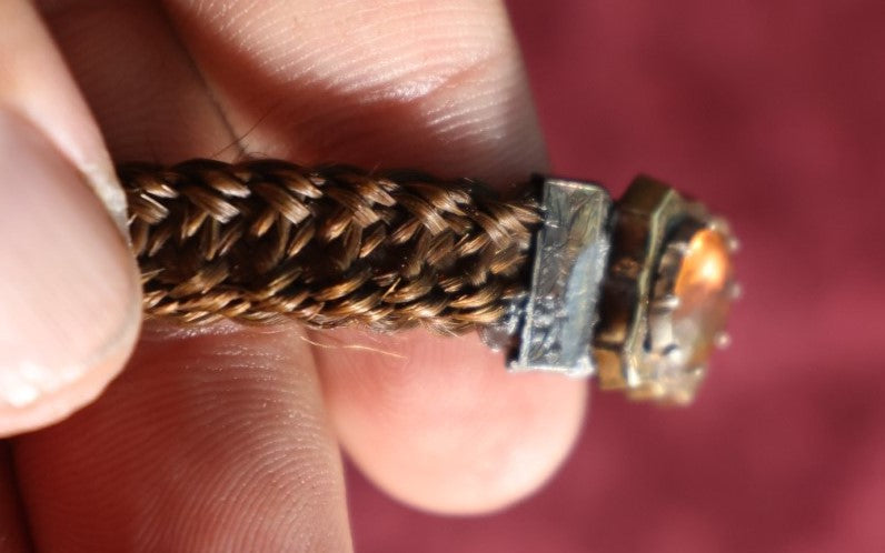 Lot 005 - Victorian Hair Bracelet With Set Yellow Stone, Clasps, Note Soldered Repair And Wear