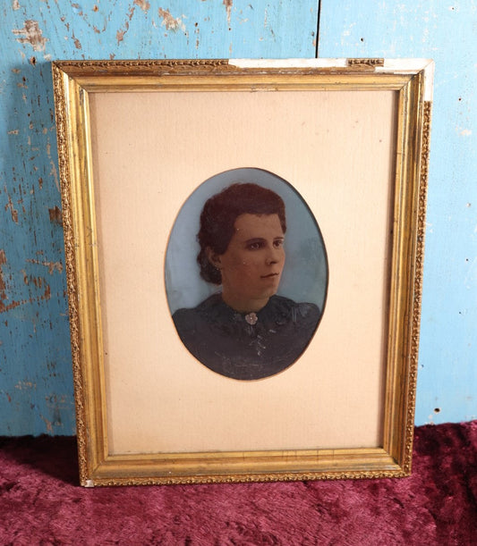 Lot 007 - Full Plate Tintype Portrait Of Woman, Hand Tinted And Painted, In Gold Colored Gesso Frame, Note Frame Losses