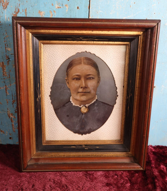 Lot 009 - Full Plate Tintype Portrait Of Woman With Large Brooch, Ruffled White Color, Hand Tinted And Over Painted, In Deep Victorian Walnut Frame