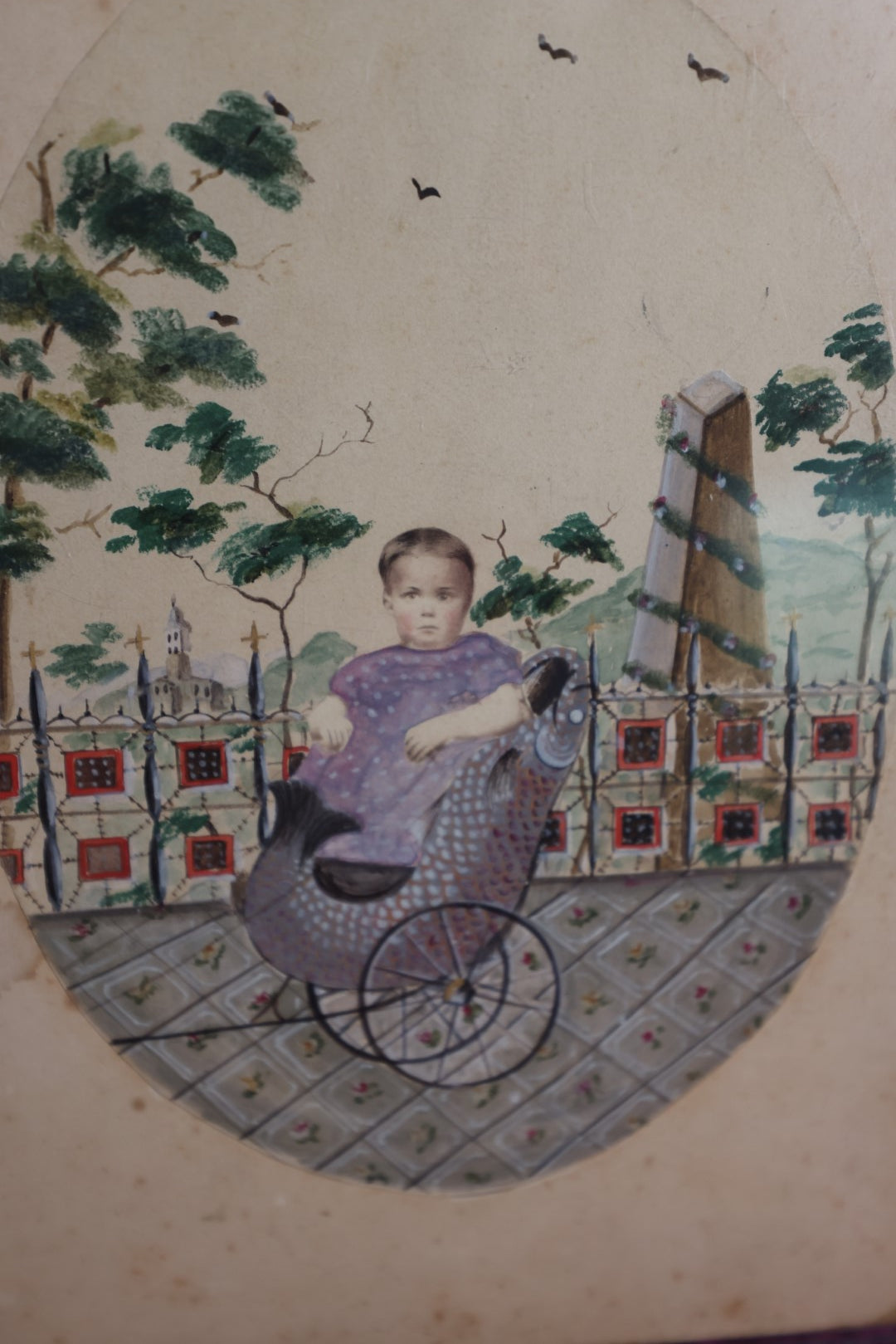 Lot 015 - Victorian Photo Portrait Of Lola Gertrude Perley, Hand Painted And Tinted, Born April 16Th, 1859, Photographed April 16Th, 1861 - Note Story About Getting Child To Pose For Photo, Unusual Pram