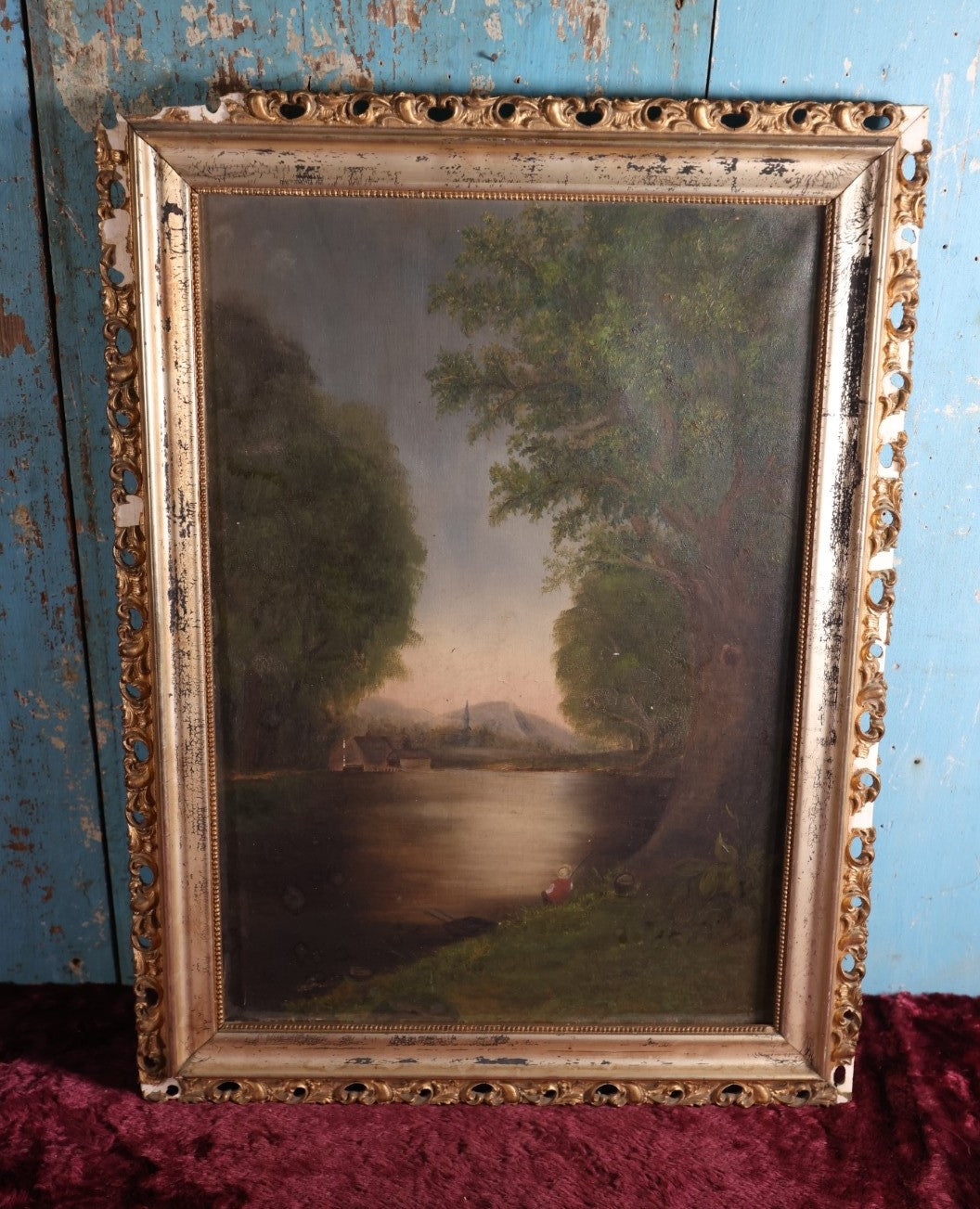 Lot 018 - Antique Oil On Canvas Landscape Painting, Circa 1850, River Scene With Boy Fishing, Church And Mill In Background, Mountains, Trees, Gesso Frame, Note Losses To Frame, Various Wear, Paper Labels On Frame And Stretcher