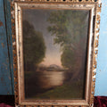 Lot 018 - Antique Oil On Canvas Landscape Painting, Circa 1850, River Scene With Boy Fishing, Church And Mill In Background, Mountains, Trees, Gesso Frame, Note Losses To Frame, Various Wear, Paper Labels On Frame And Stretcher