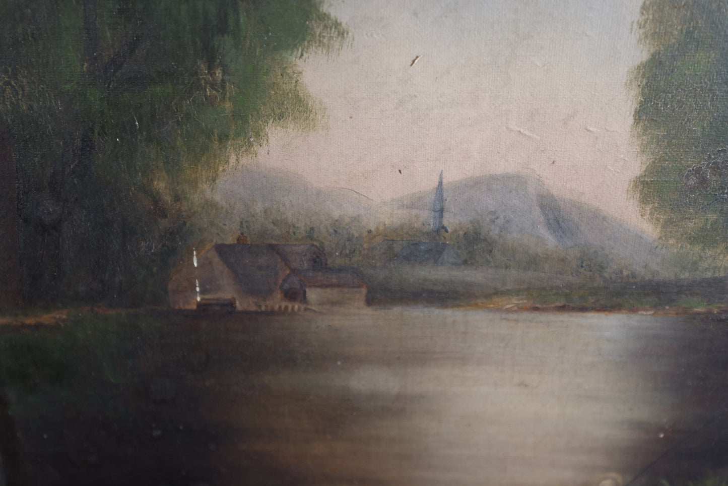 Lot 018 - Antique Oil On Canvas Landscape Painting, Circa 1850, River Scene With Boy Fishing, Church And Mill In Background, Mountains, Trees, Gesso Frame, Note Losses To Frame, Various Wear, Paper Labels On Frame And Stretcher