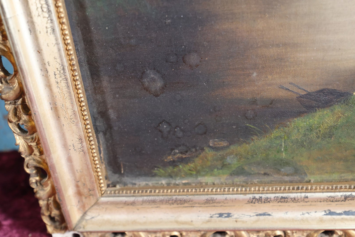 Lot 018 - Antique Oil On Canvas Landscape Painting, Circa 1850, River Scene With Boy Fishing, Church And Mill In Background, Mountains, Trees, Gesso Frame, Note Losses To Frame, Various Wear, Paper Labels On Frame And Stretcher