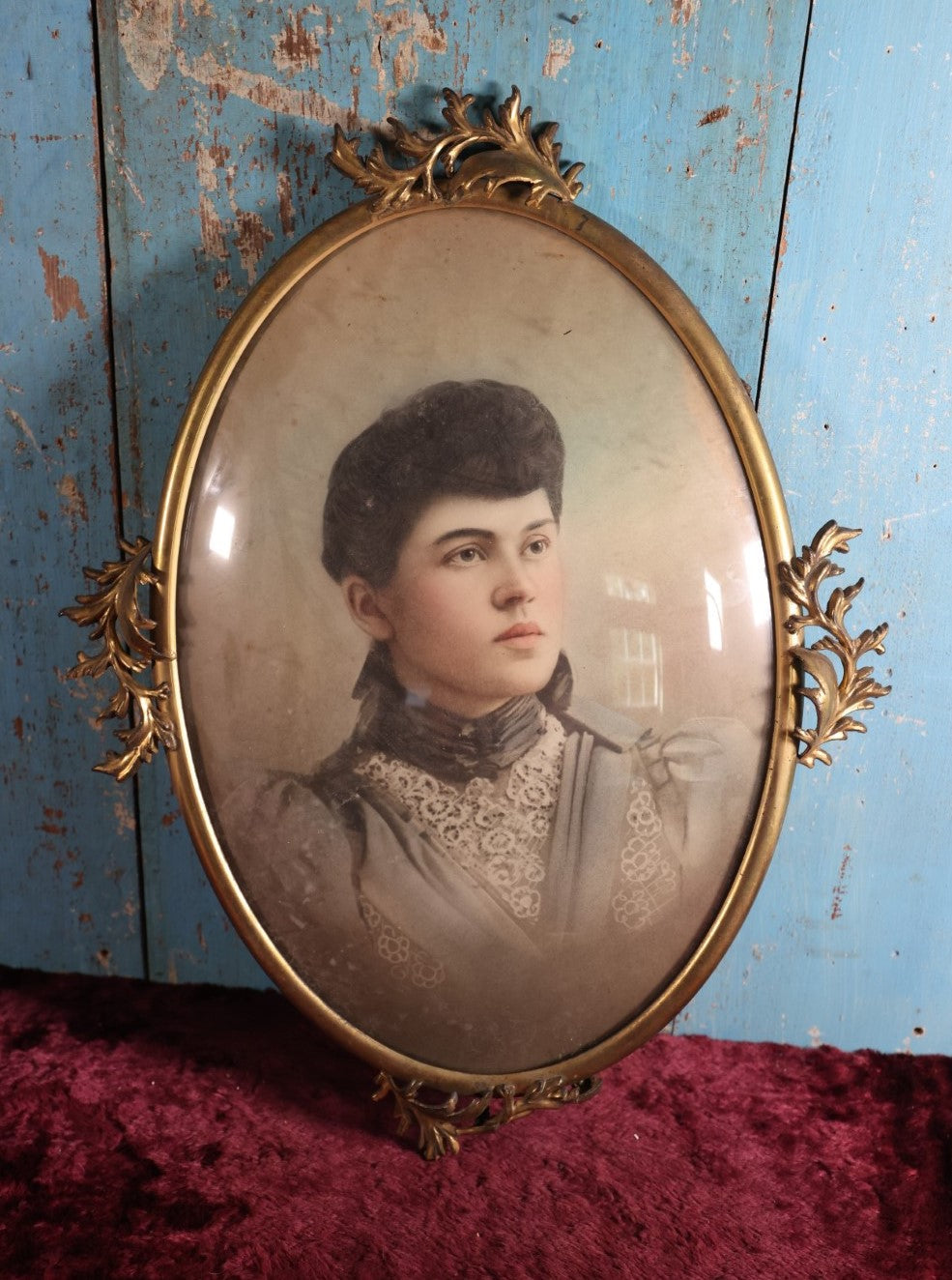 Lot 019 - Antique Colored Portrait Photograph Of Attractive, Well Dressed Young Woman In Ornate Brass Frame With Bubble Glass